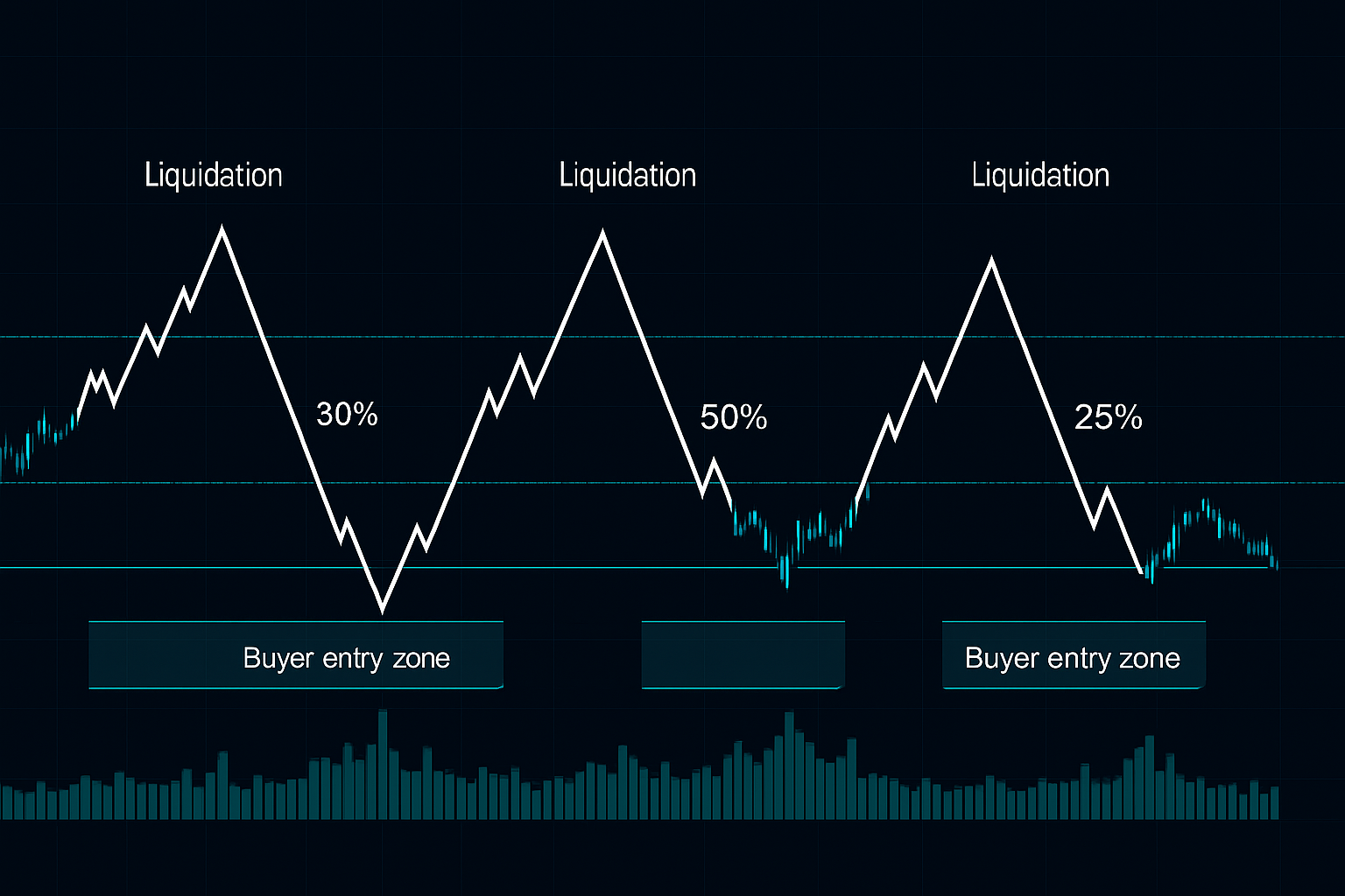 Three-wave liquidation pattern: retail, mid-size, and institutional cascade zones