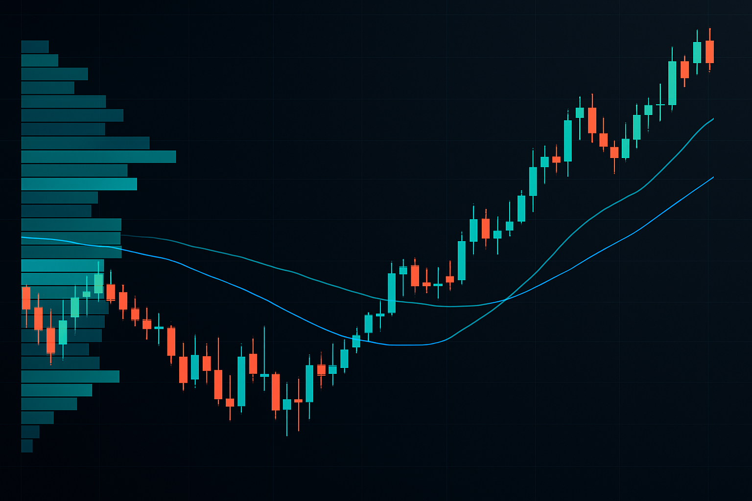 Volume profile and moving average integration showing support strength