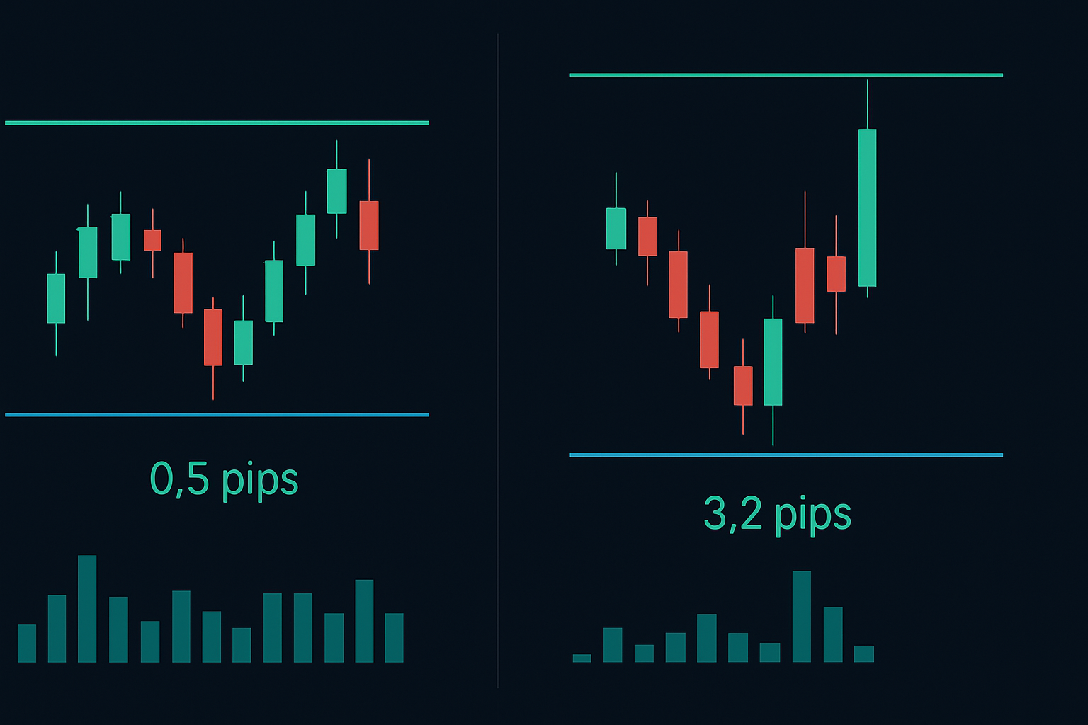 저유량 기간 동안 EUR/USD의 정상 vs 조작된 스프레드