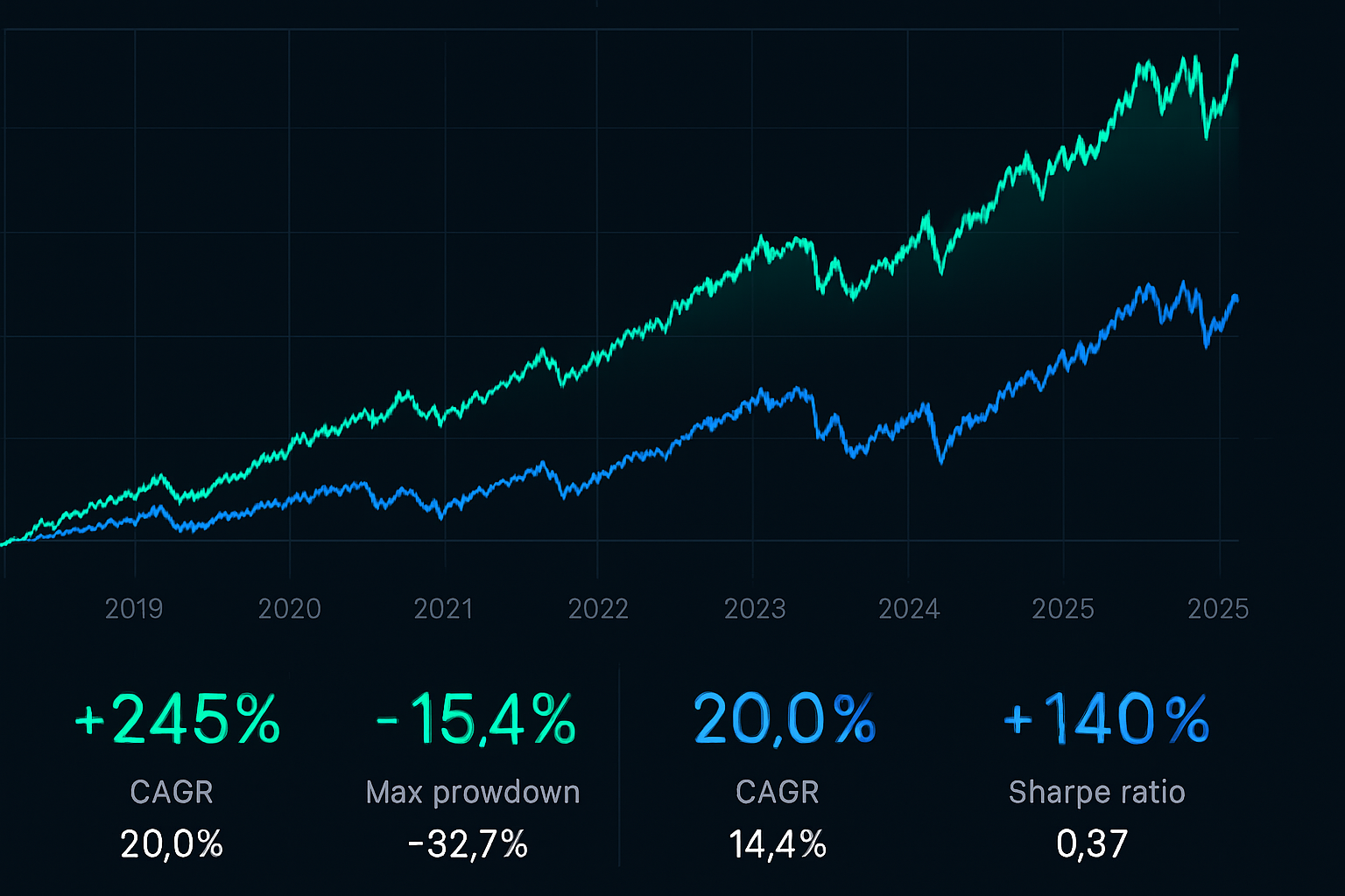 Comparação de desempenho de 5 anos — aprimoramento por IA reduz drawdowns enquanto impulsiona retornos